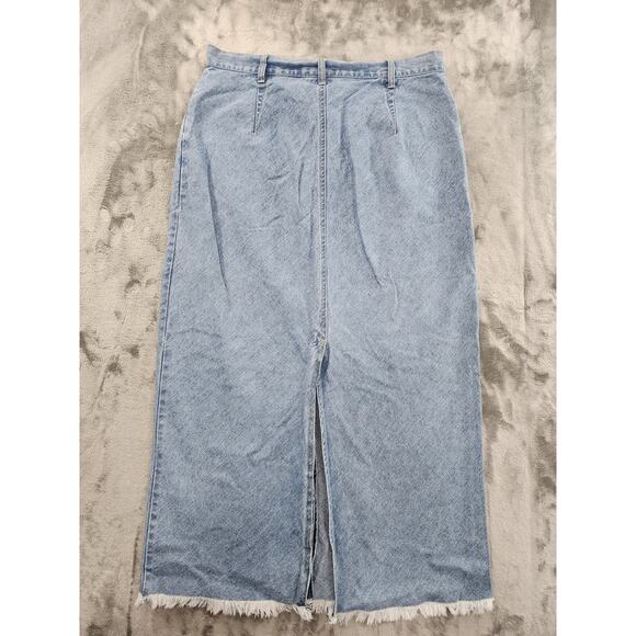 Vintage 90s Bill Blass Jeans High Rise Raw Hem Slit Midi Skirt Size 32 Blue - Picture 4 of 10